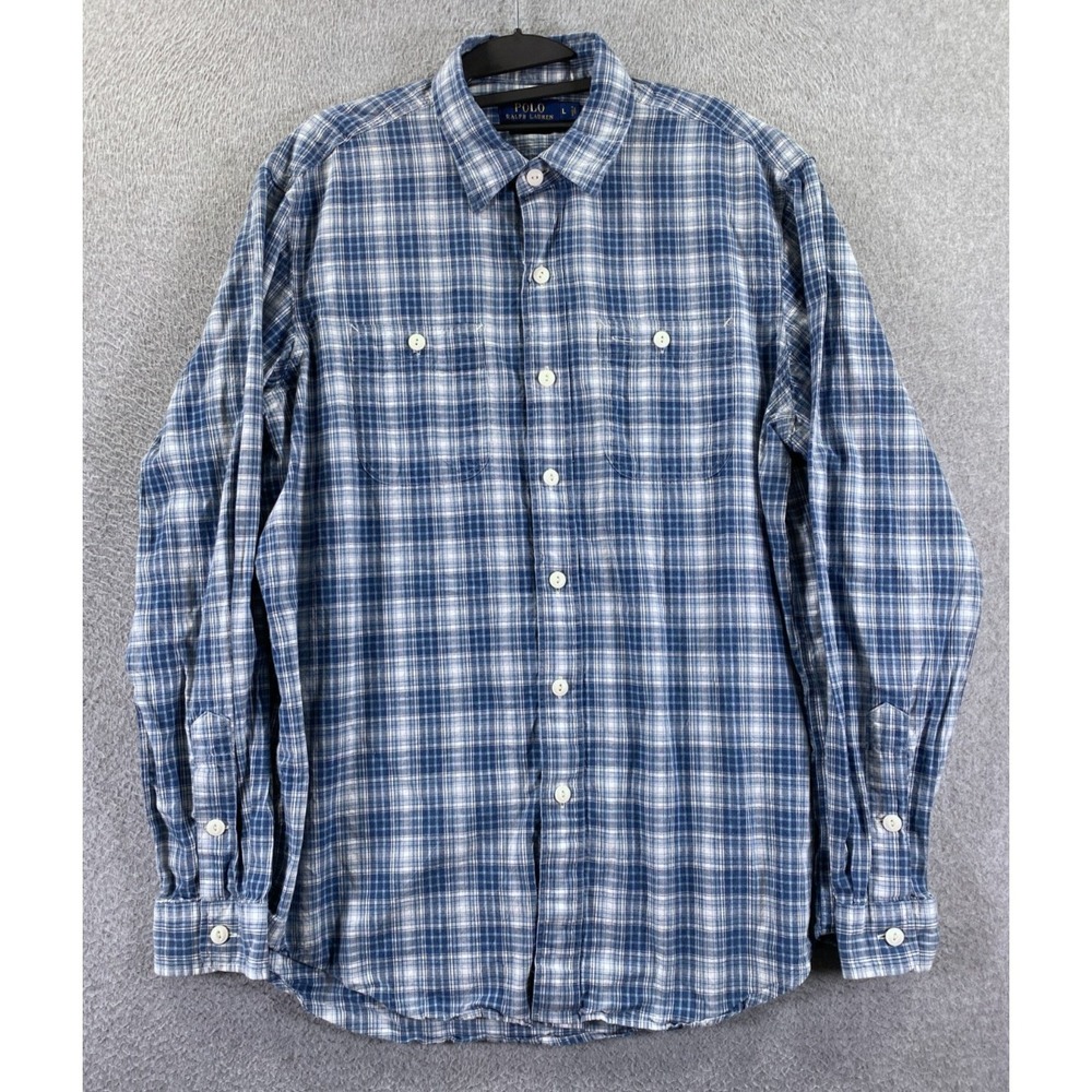 Vintage Polo Ralph Lauren Shirt Mens Large Blue Button Down Indigo Oxford Plaid